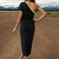 Women's Regular Dress Elegant Oblique Collar Contrast Binding Short Sleeve Solid Color Knee-Length Holiday Daily main image 4