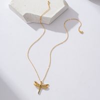Copper Elegant Classical Romantic Plating Inlay Cross Dragonfly Zircon Pendant Necklace main image 3