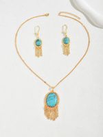 Copper 18K Gold Plated Simple Style Classic Style Plating Inlay Oval Turquoise Earrings Necklace Jewelry Set main image 9