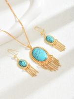 Copper 18K Gold Plated Simple Style Classic Style Plating Inlay Oval Turquoise Earrings Necklace Jewelry Set main image 8