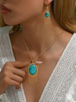 Copper 18K Gold Plated Simple Style Classic Style Plating Inlay Oval Turquoise Earrings Necklace Jewelry Set main image 10