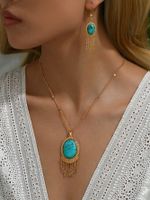 Copper 18K Gold Plated Simple Style Classic Style Plating Inlay Oval Turquoise Earrings Necklace Jewelry Set main image 12