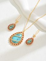 Copper 18K Gold Plated Elegant Vintage Style Lady Inlay Water Droplets Rose Turquoise Rhinestones Earrings Necklace main image 4