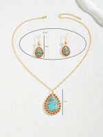 Copper 18K Gold Plated Elegant Vintage Style Lady Inlay Water Droplets Rose Turquoise Rhinestones Earrings Necklace main image 2