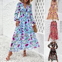 Femmes Robe Régulière Vacances Col En V Impression Manche Longue Fleur Maxi Longue Robe Du Quotidien Plage main image 6