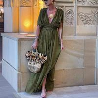 Women's Regular Dress Streetwear V Neck Short Sleeve Solid Color Maxi Long Dress Holiday Daily main image 4