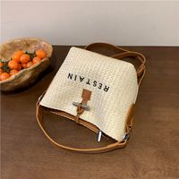 Women's Straw Letter Classic Style Sewing Thread Zipper Bucket Bag main image 10