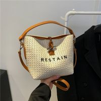 Women's Straw Letter Classic Style Sewing Thread Zipper Bucket Bag main image 3