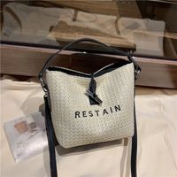 Women's Straw Letter Classic Style Sewing Thread Zipper Bucket Bag main image 9