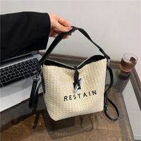 Women's Straw Letter Classic Style Sewing Thread Zipper Bucket Bag main image 8