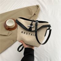 Women's Straw Letter Classic Style Sewing Thread Zipper Bucket Bag sku image 1