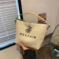 Women's Straw Letter Classic Style Sewing Thread Zipper Bucket Bag sku image 3