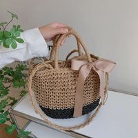 Women's Straw Color Block Solid Color Classic Style Hollow String Bucket Bag main image video
