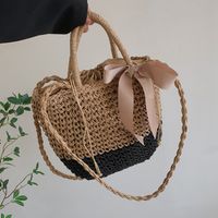 Women's Straw Color Block Solid Color Classic Style Hollow String Bucket Bag sku image 2