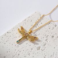 Copper Elegant Classical Romantic Plating Inlay Cross Dragonfly Zircon Pendant Necklace main image 5
