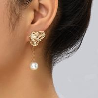 1 Pair IG Style Exaggerated Simple Style Butterfly Hollow Out Inlay Artificial Pearl Copper Zircon Drop Earrings main image 1