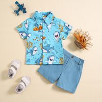 Vacation Shark Printing Cotton Blend Boys Clothing Sets sku image 3