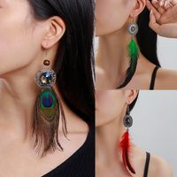 1 Pair Y2K Bohemian Beach Feather Inlay Feather Glass Silver Plated Drop Earrings main image 1