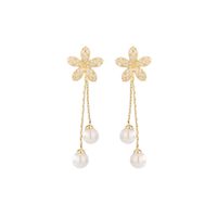 1 Pair IG Style Elegant Sweet Flower Inlay Copper Pearl Zircon 14K Gold Plated Drop Earrings main image 5