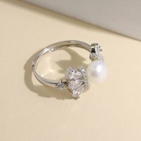 Sterling Silver White Gold Plated Elegant Glam Plating Inlay Solid Color Pearl Zircon Open Rings main image 4