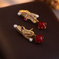 1 Pair Elegant Retro French Style Geometric Flower Inlay Copper Pearl Zircon 18K Gold Plated Drop Earrings Ear Studs main image 6