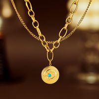 304 Stainless Steel Vintage Style Inlay Round Turquoise Double Layer Necklaces main image 5