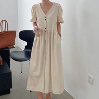 Women's Shirt Dress Simple Style V Neck Short Sleeve Solid Color Midi Dress Daily main image 2