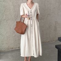 Women's Shirt Dress Simple Style V Neck Short Sleeve Solid Color Midi Dress Daily main image 1