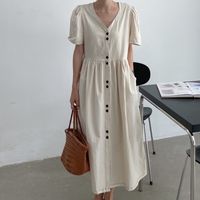 Women's Shirt Dress Simple Style V Neck Short Sleeve Solid Color Midi Dress Daily main image 4