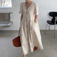Women's Shirt Dress Simple Style V Neck Short Sleeve Solid Color Midi Dress Daily main image 3