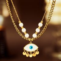 304 Stainless Steel IG Style Vintage Style Beaded Pearl Inlay Devil's Eye Shell Double Layer Necklaces main image 1