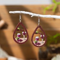 1 Pair Ethnic Style Wine Glass Printing Hollow Out Wood Drop Earrings main image 9