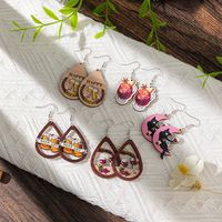 1 Pair Ethnic Style Wine Glass Printing Hollow Out Wood Drop Earrings main image 1