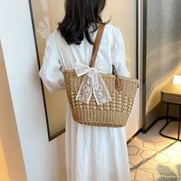 Women's Large Straw Solid Color Beach Classic Style Weave Zipper Straw Bag sku image 2