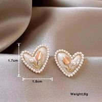 1 Pair IG Style Sweet Heart Shape Flower Inlay Alloy Pearl Silver Plated Ear Studs main image 2