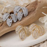 1 Pair Elegant Leaves Inlay Copper Zircon Rose Gold Plated Ear Studs main image 1