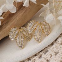1 Pair Elegant Leaves Inlay Copper Zircon Rose Gold Plated Ear Studs main image 7