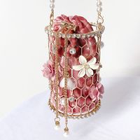 Apricot Black Pink Velvet Cloth Metal Flower Beading Cylindrical Evening Bags main image 2