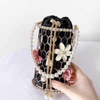 Apricot Black Pink Velvet Cloth Metal Flower Beading Cylindrical Evening Bags main image 6