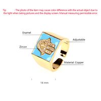 Copper 18K Gold Plated IG Style Vacation Beach Enamel Inlay Palm Square Hand Of Fatima Zircon Open Rings main image 2