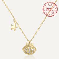 Sterling Silver 14K Gold Plated Simple Style Commute Inlay Circle Star Shell Zircon Pendant Necklace sku image 3