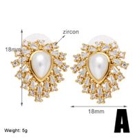1 Pair Casual Simple Style Cross Water Droplets Heart Shape Inlay Copper Pearl Zircon 18K Gold Plated Ear Studs main image 2