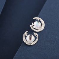 1 Pair Classic Style Moon Inlay Sterling Silver Zircon 14K Gold Plated Ear Studs main image 4