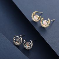 1 Pair Classic Style Moon Inlay Sterling Silver Zircon 14K Gold Plated Ear Studs main image 1