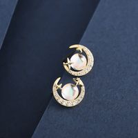 1 Pair Classic Style Moon Inlay Sterling Silver Zircon 14K Gold Plated Ear Studs main image 3