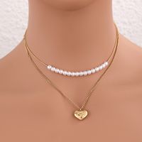 304 Stainless Steel Imitation Pearl 18K Gold Plated Elegant Lady Streetwear Plating Heart Shape Double Layer Necklaces sku image 1