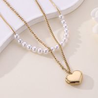 304 Stainless Steel Imitation Pearl 18K Gold Plated Elegant Lady Streetwear Plating Heart Shape Double Layer Necklaces main image 4