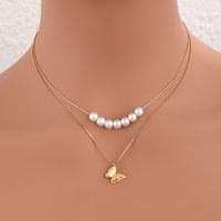 Elegant Lady Classic Style Butterfly Imitation Pearl Plating 18K Gold Plated Women's Double Layer Necklaces sku image 1