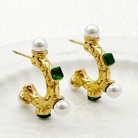 1 Pair Hawaiian Vacation Shiny C Shape Plating Inlay 304 Stainless Steel Natural Stone Pearl Zircon Gold Plated Ear Studs main image 4