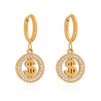 1 Pair Retro Simple Style Circle Dollar Hollow Out Inlay 304 Stainless Steel Artificial Rhinestones 18K Gold Plated Drop Earrings main image 7